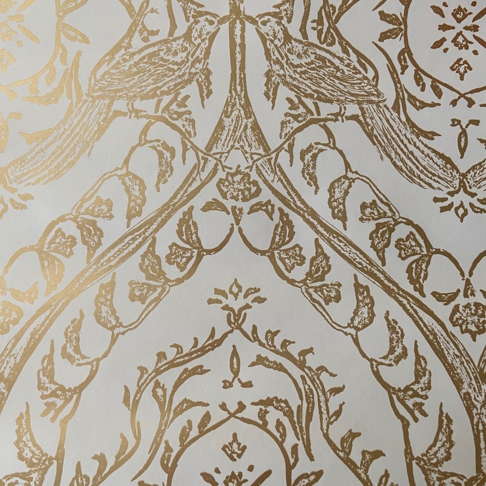 Anthropologie Odille Tiled Crest Wallpaper with Gold Metallic Birds and Vines